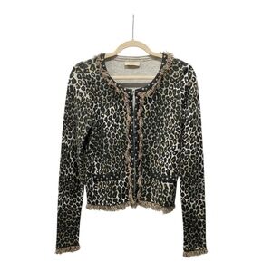 Vtg Y2K EURO OUI Grunge Leopard Print Cardigan with Fringe Size M